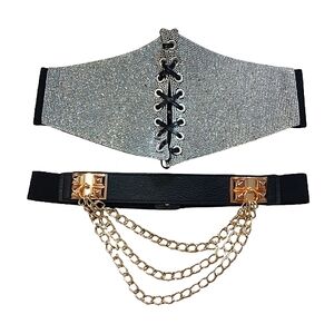 Cosplay Fashion Black Chain Silver & Gold Metal Elastic Corset Belts Set Of Two
